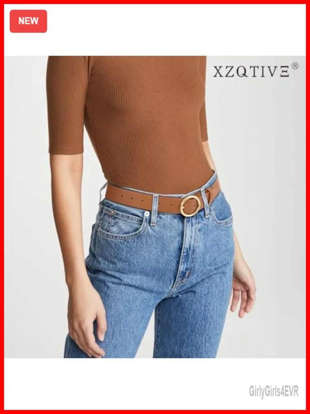 Vegan Leather Women Belt with Circle Gold Buckle Fashion Waist Belt for Jeans